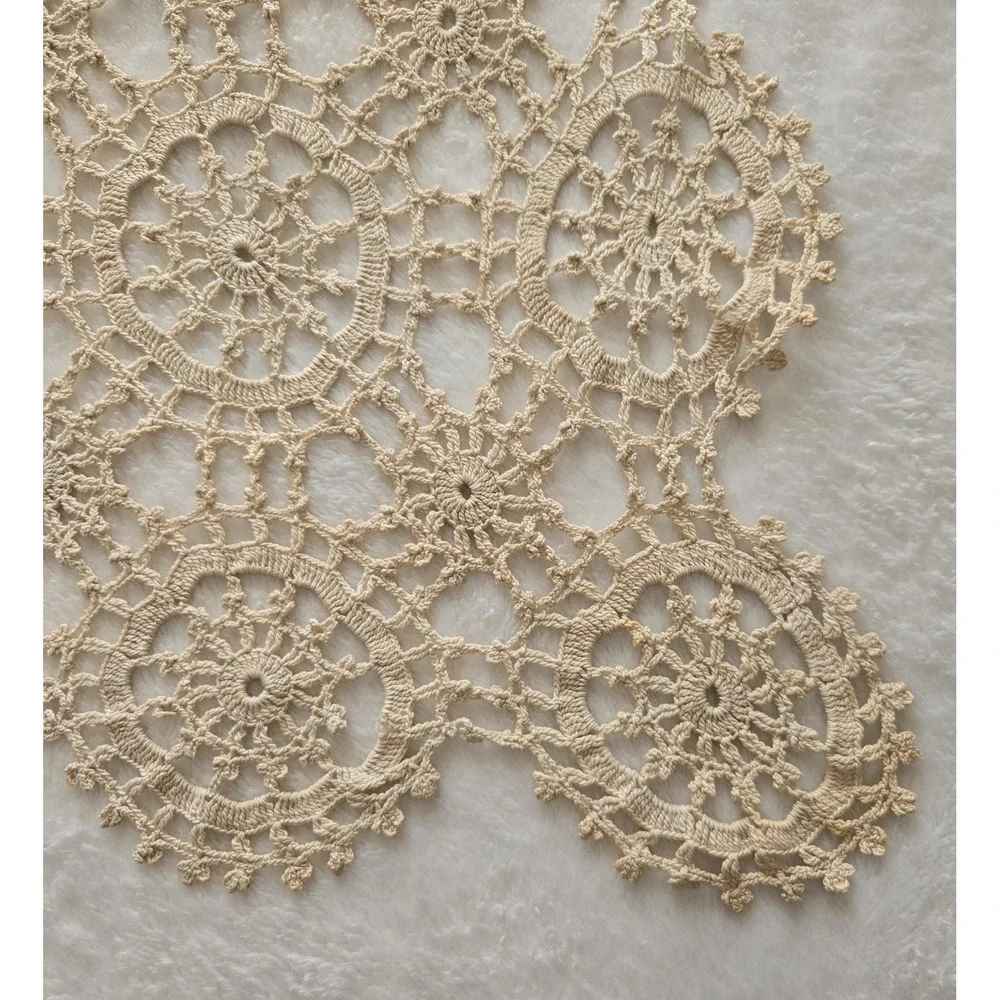 Vintage Hand Crocheted Lace Doily Mats Set of 2 Beige Cotton Square Table‎ Decor